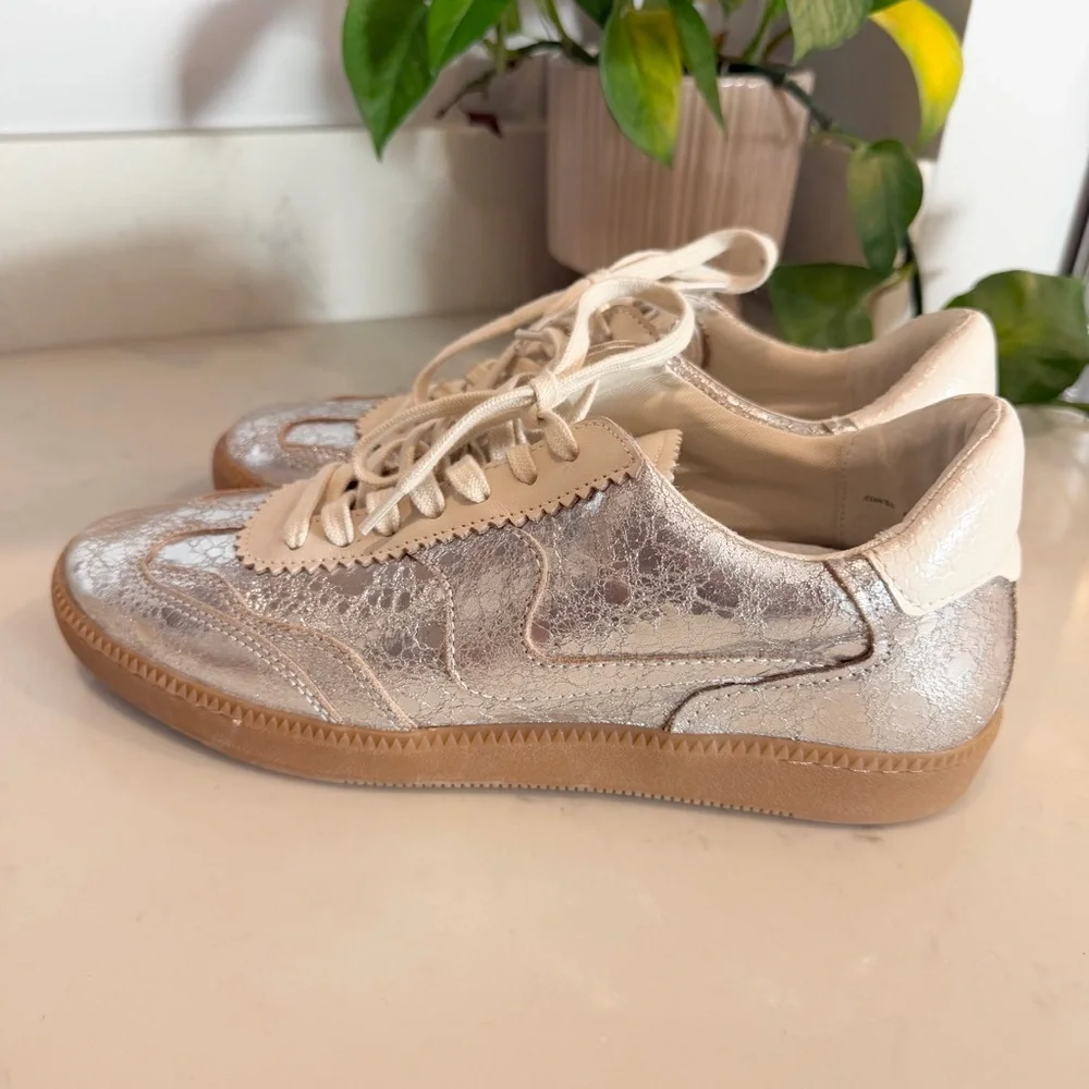 Dolce Vita Metallic Silver and Cream Low-Top Sneakers